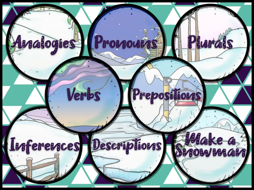 Home menu linking to analogies, pronouns, plurals, verbs, prepositions, inferences, descriptions and a Make a Snowman game