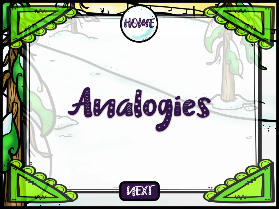 Analogies section title slide on a snowy forest scene, with a Home button to return to the menu and a Next button to begin