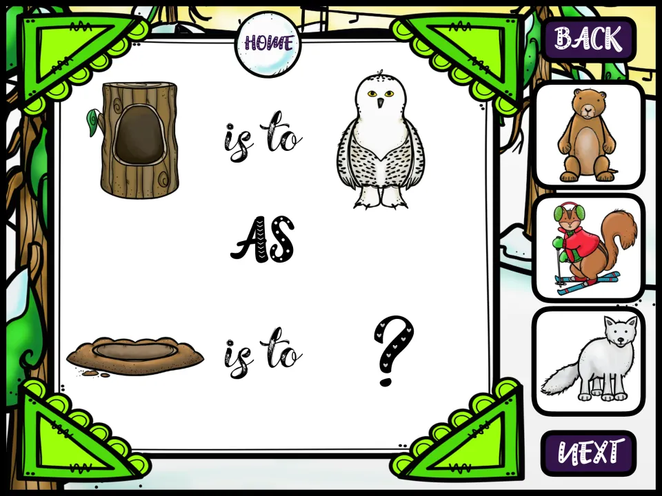 Animal homes analogy: tree hollow is to snowy owl as burrow is to ?; pick a brown animal, a skiing squirrel or a fox