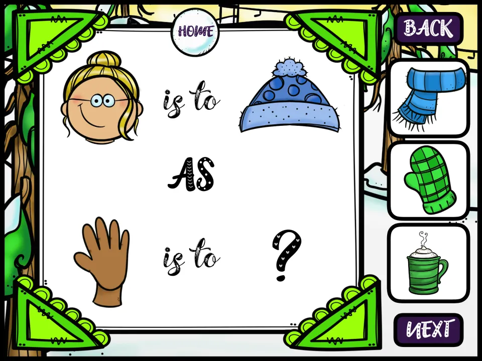 Body part and clothing analogy: head is to winter hat as hand is to ?; students pick a scarf, a mitten or a mug of cocoa