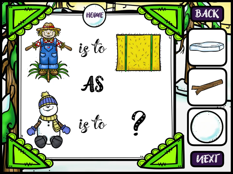 Made-of analogy: scarecrow is to hay bale as snowman is to ?; students choose an ice slab, a stick or a snowball