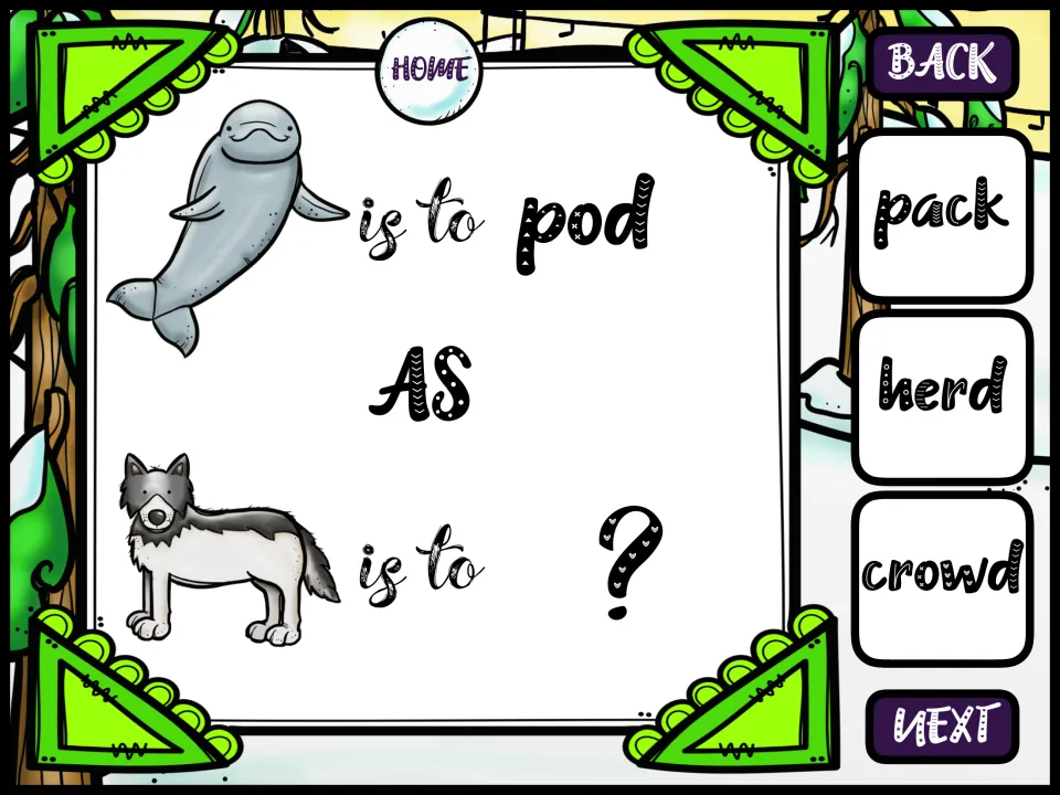 Animal group names analogy: a beluga is to pod as a wolf is to ?; students choose pack, herd or crowd
