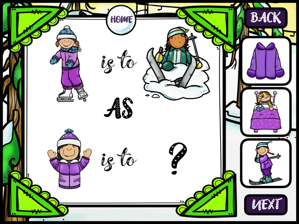 Winter activities analogy: skater is to skier as child in a coat is to ?; choose a coat, a child in bed or a skier
