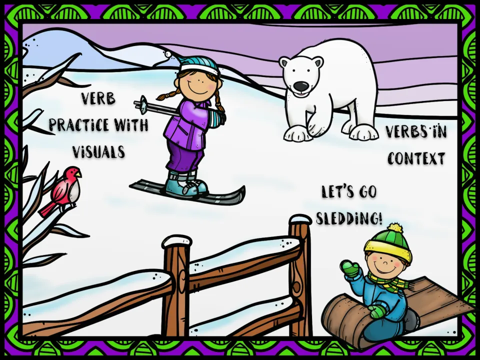 Winter menu scene linking to Verb Practice with Visuals, Verbs in Context and Let's Go Sledding, with a skier