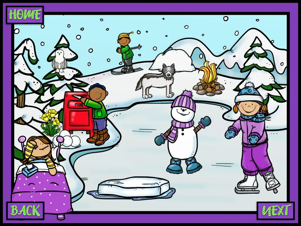 Winter scene for past tense talk: a boy mailing a letter, a girl skating, a waving snowman and a girl resting in bed