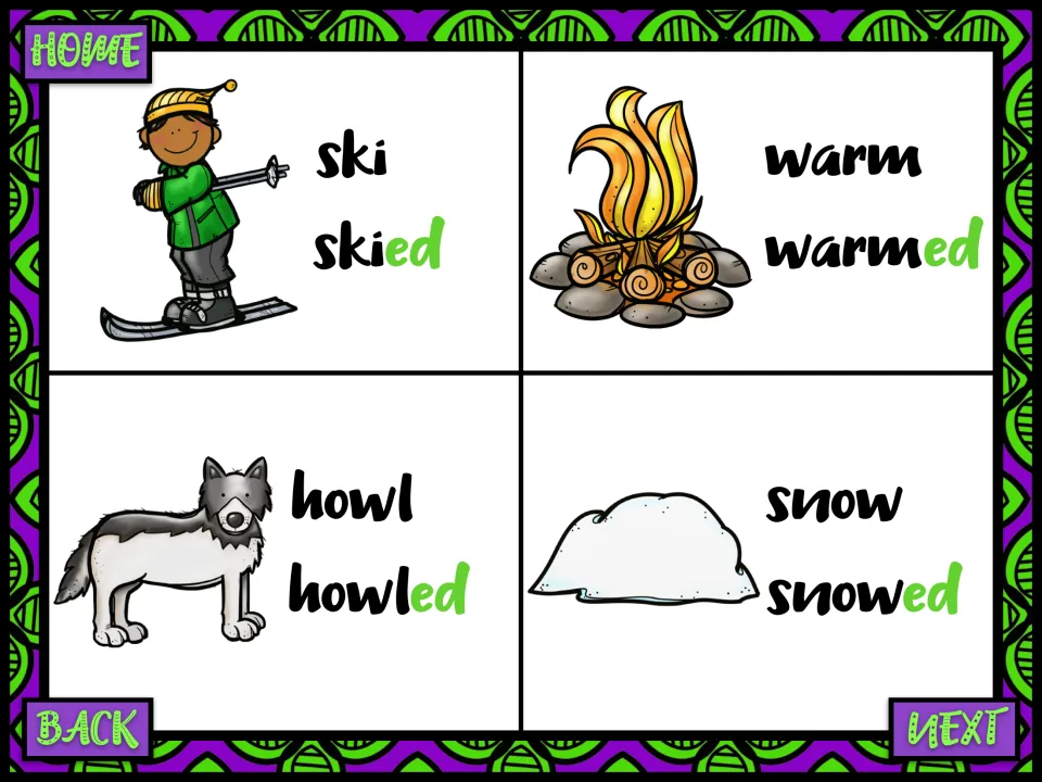 Regular past tense picture cards: ski/skied, warm/warmed, howl/howled and snow/snowed, each with the -ed ending in green