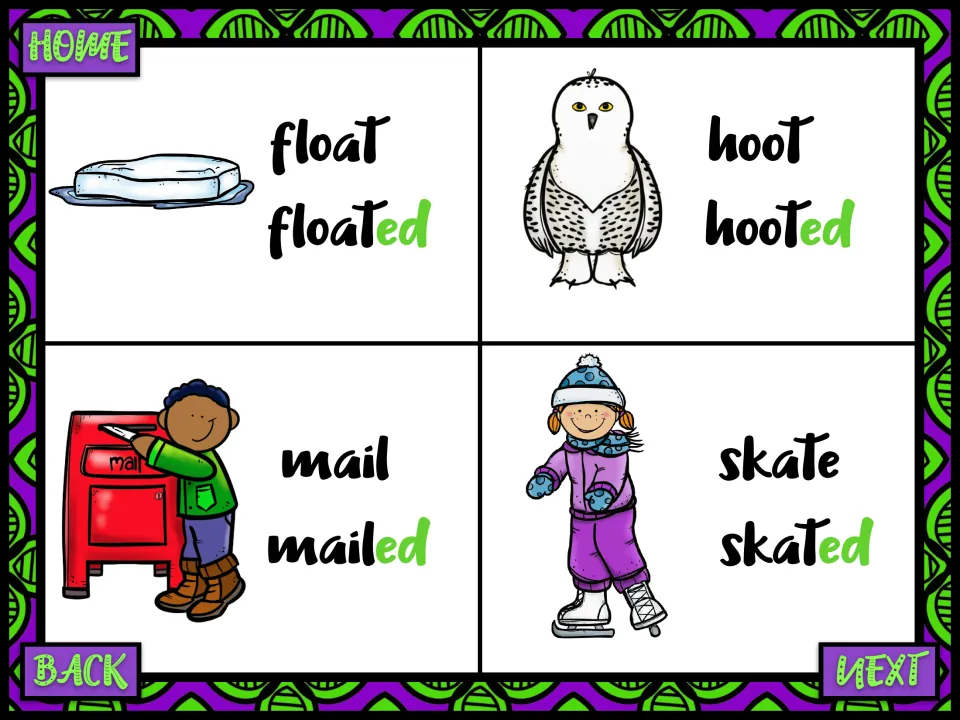 Past tense verb cards: float/floated, hoot/hooted, mail/mailed and skate/skated, with -ed highlighted in green