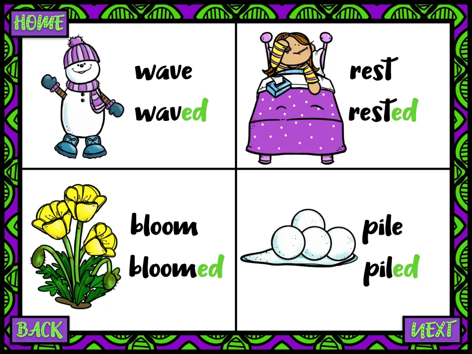 Picture cards for -ed verbs: wave/waved, rest/rested, bloom/bloomed and pile/piled, shown with a snowman, bed and flowers