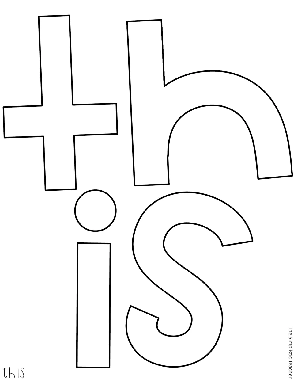 Letter cut-outs spelling 'this' in black outline only, for coloring in or printing on colored paper before cutting