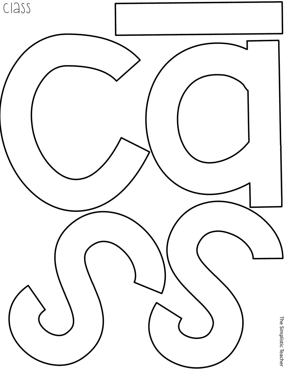 Letter cut-outs spelling 'class' in black outline, to print on colored paper or color in before cutting out