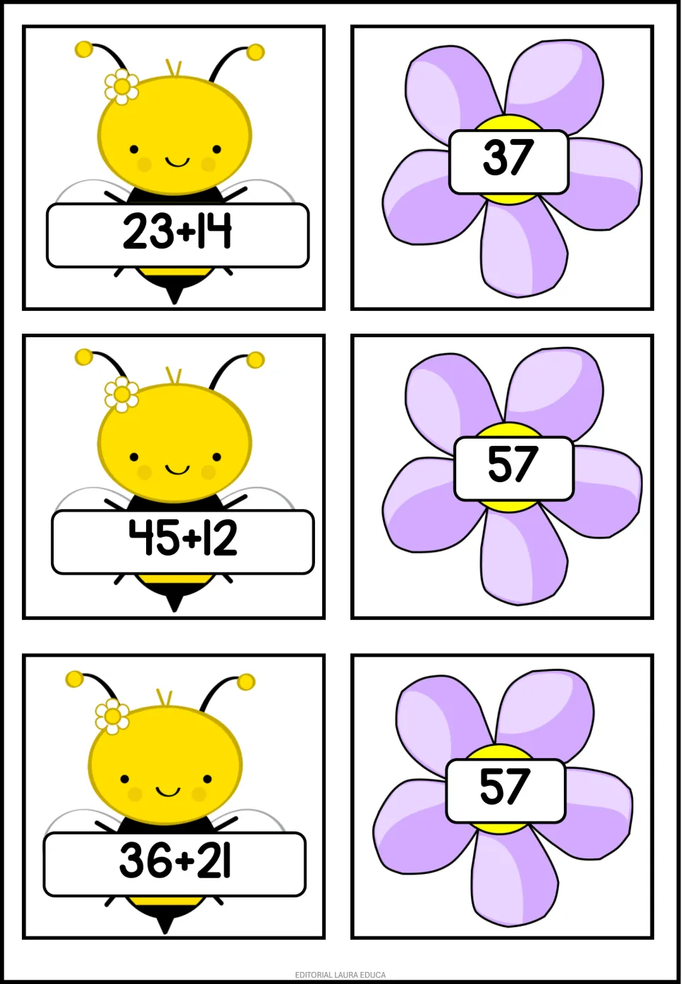 2-digit addition matching cards: bee cards show 23+14, 45+12 and 36+21; flower cards show the sums 37, 57 and 57