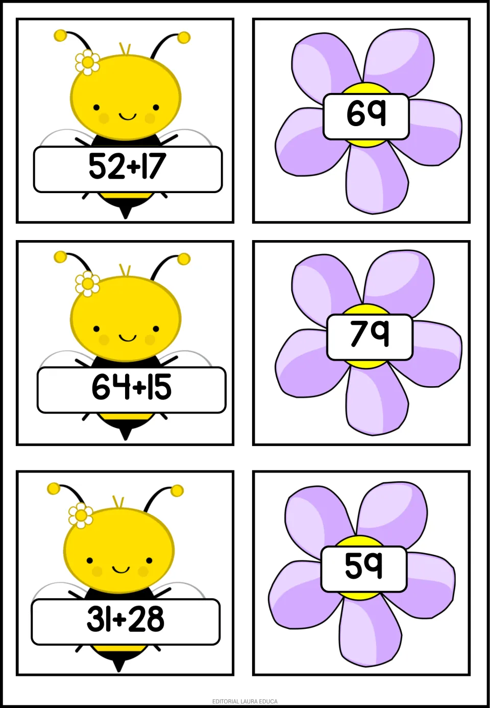 Two-digit sums without regrouping: students match bee cards 52+17, 64+15 and 31+28 to flower cards 69, 79 and 59
