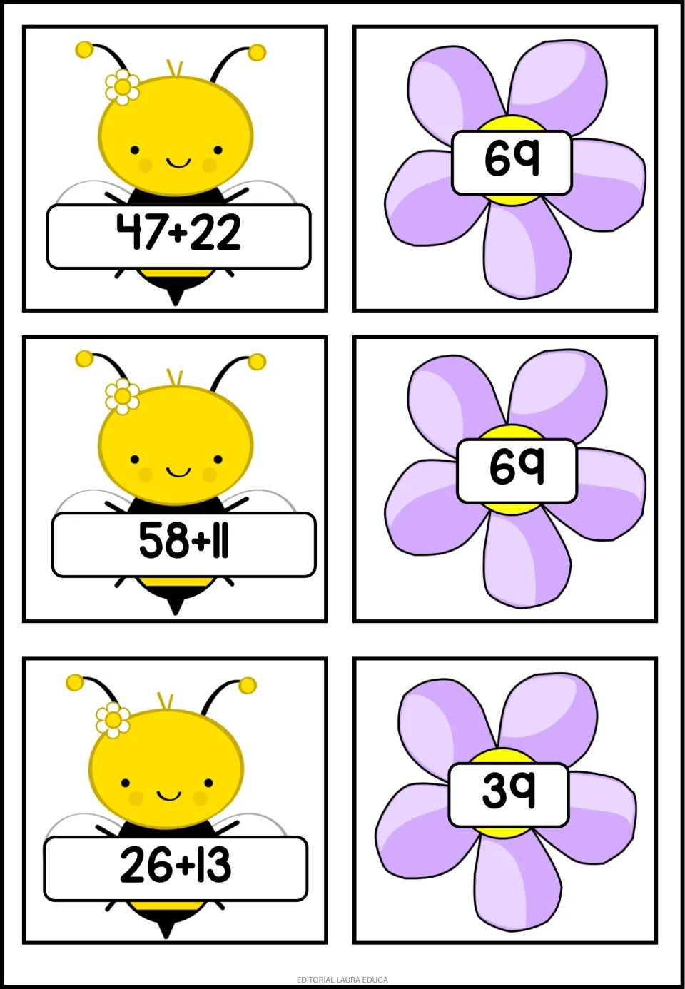 Addition memory cards: bees hold 47+22, 58+11 and 26+13 while purple flowers hold the matching totals 69, 69 and 39