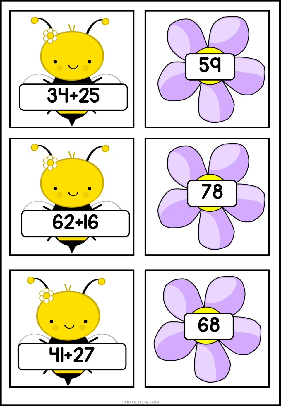 Adding tens and ones: bee problem cards 34+25, 62+16 and 41+27 pair with flower answer cards 59, 78 and 68
