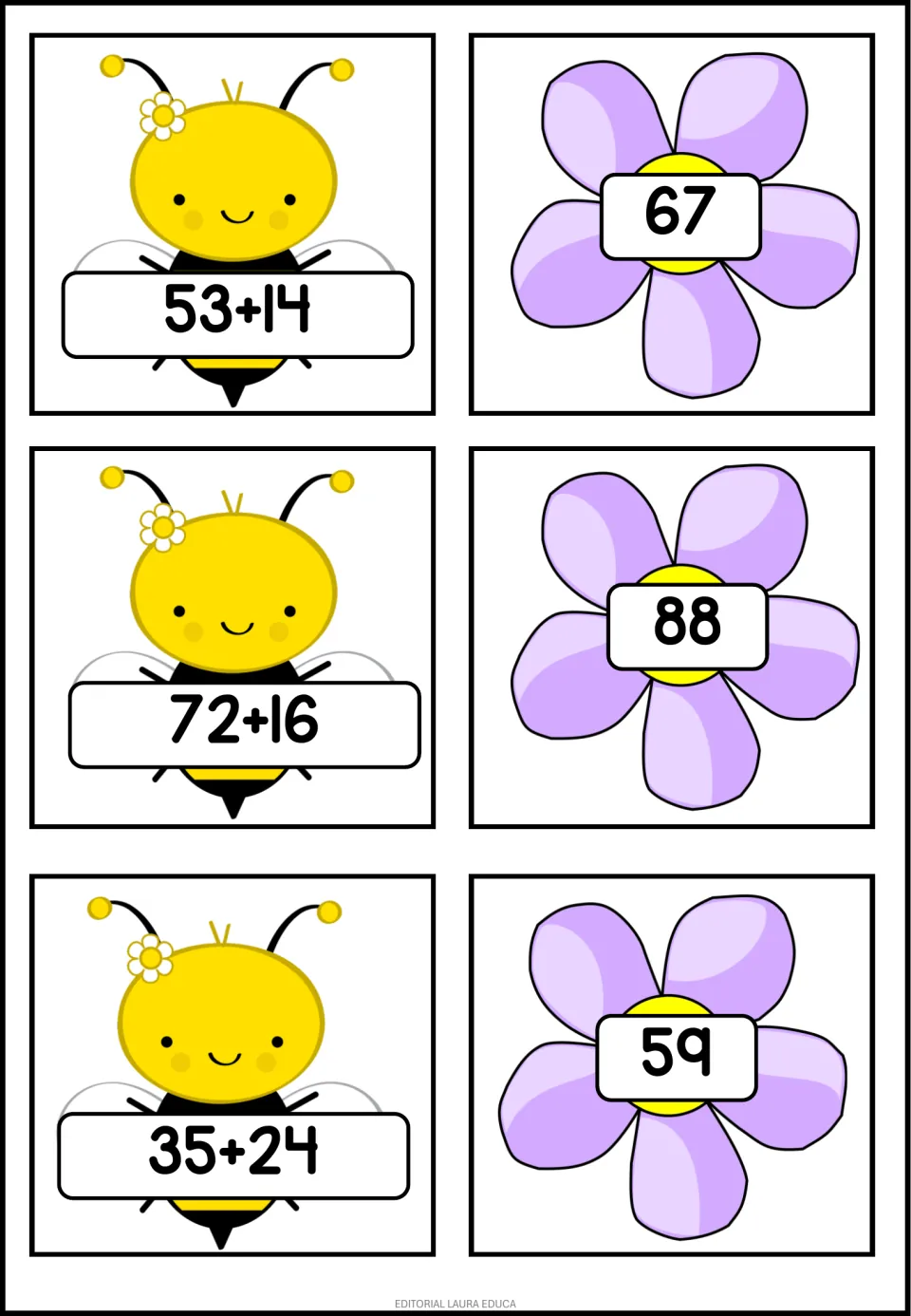 Matching sums with no carrying: bee cards read 53+14, 72+16 and 35+24, and flower cards show answers 67, 88 and 59