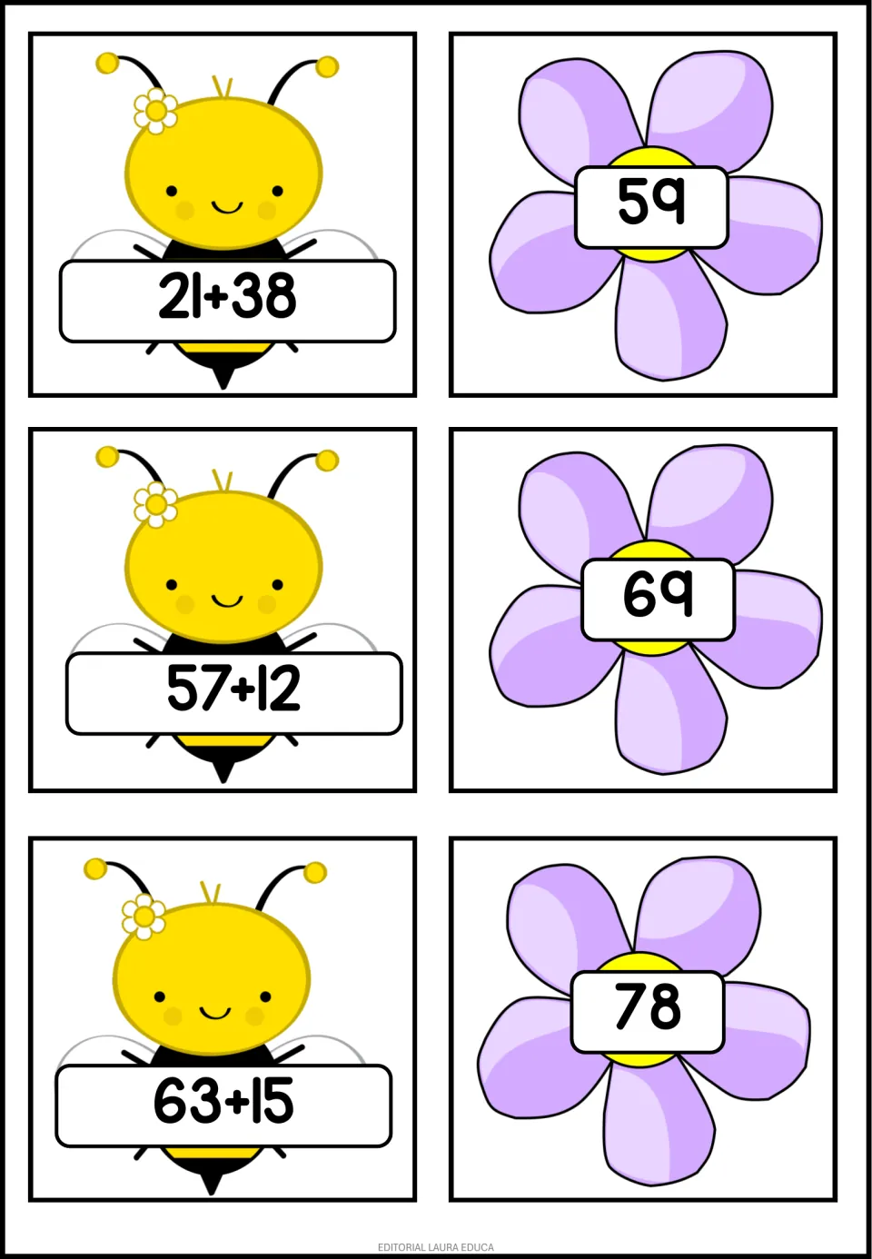 Two-digit addition pairs: students find the flower answers 59, 69 and 78 for bee equations 21+38, 57+12 and 63+15