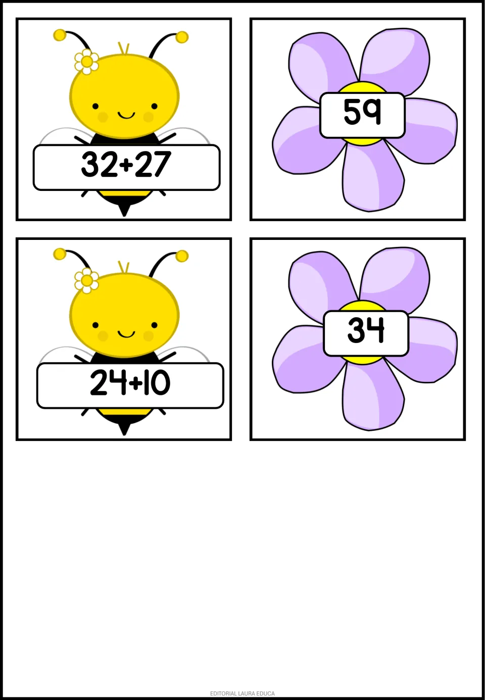 Final addition match cards: two bee problems, 32+27 and 24+10, with flower cards showing their sums 59 and 34