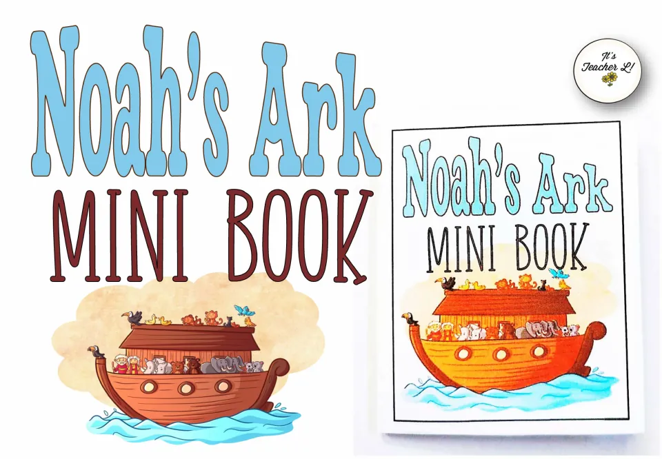 Noah's Ark Mini Book cover: the ark full of animals on blue waves, shown beside a photo of the printed folded book