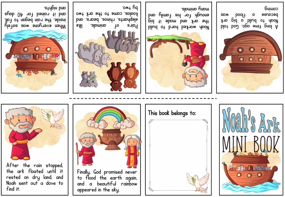 Colored story of Noah's ark in 6 illustrated pages: building the ark, animals two by two, 40 days of rain, dove, rainbow