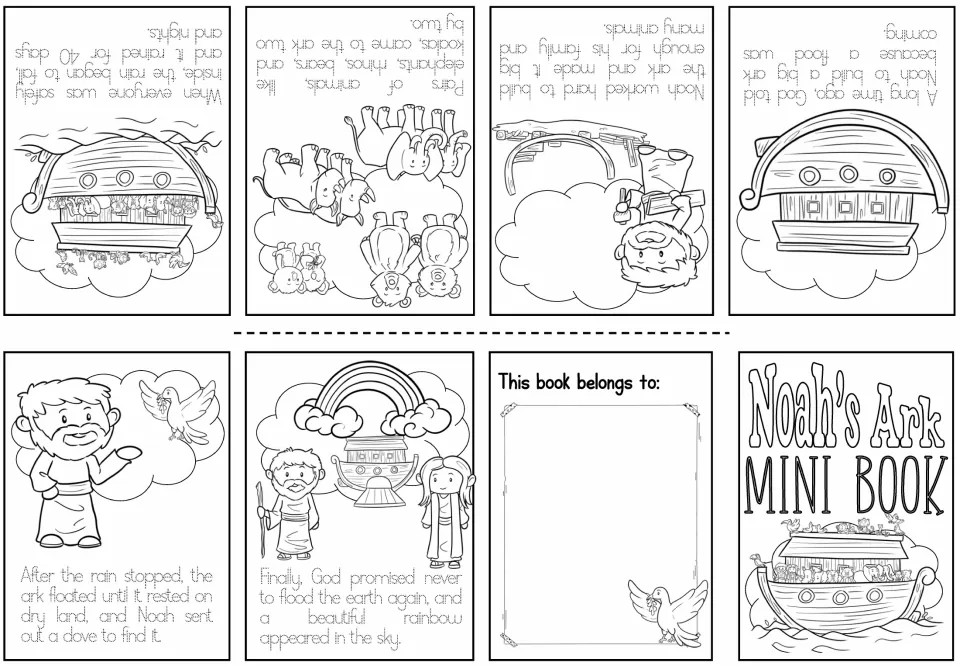 Black-and-white Noah's ark story pages where students trace the dotted story sentences and color each scene