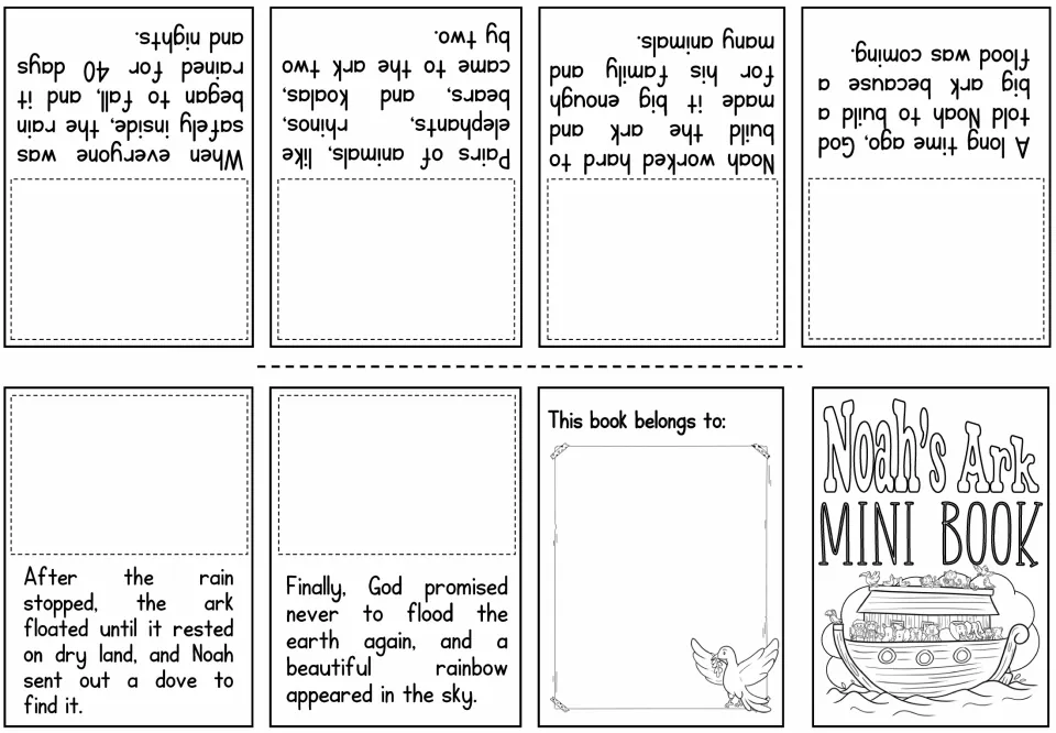 Picture-fill version: each story sentence about Noah, the animals, rain, dove and rainbow has a space for a picture