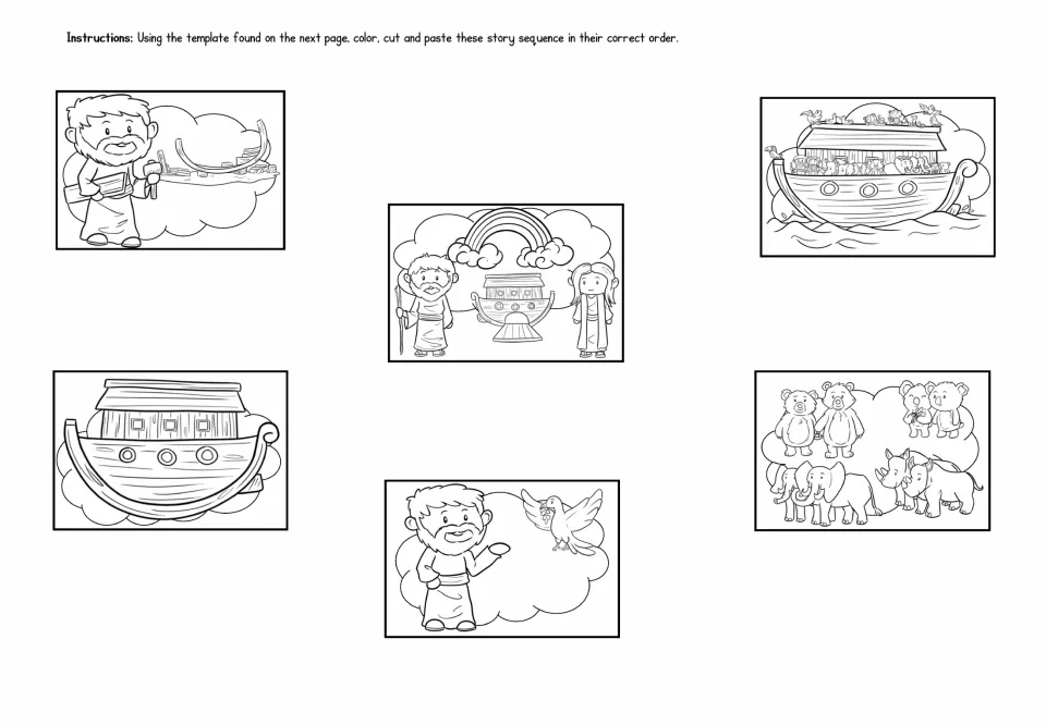 Story sequencing cut-outs: color, cut and paste six Noah's ark scenes, from building the ark to the rainbow, in order