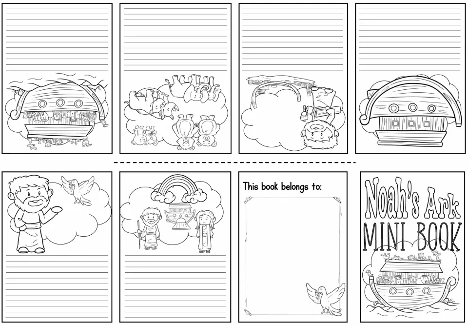 Story retell pages: six line-art Noah's ark scenes to color, each with space to write a retelling of that event