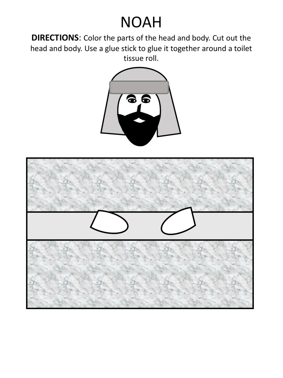 Noah coloring template: students color Noah's head and robe, cut them out and glue them around a toilet tissue roll