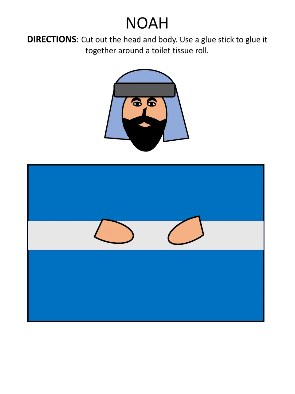 Noah in full color: blue headdress and robe with hands for students to cut out and glue around a toilet tissue roll