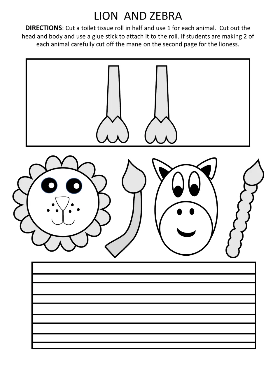 Lion and zebra to color: heads, tails, a striped zebra body and a lion body with legs to cut out for tissue rolls
