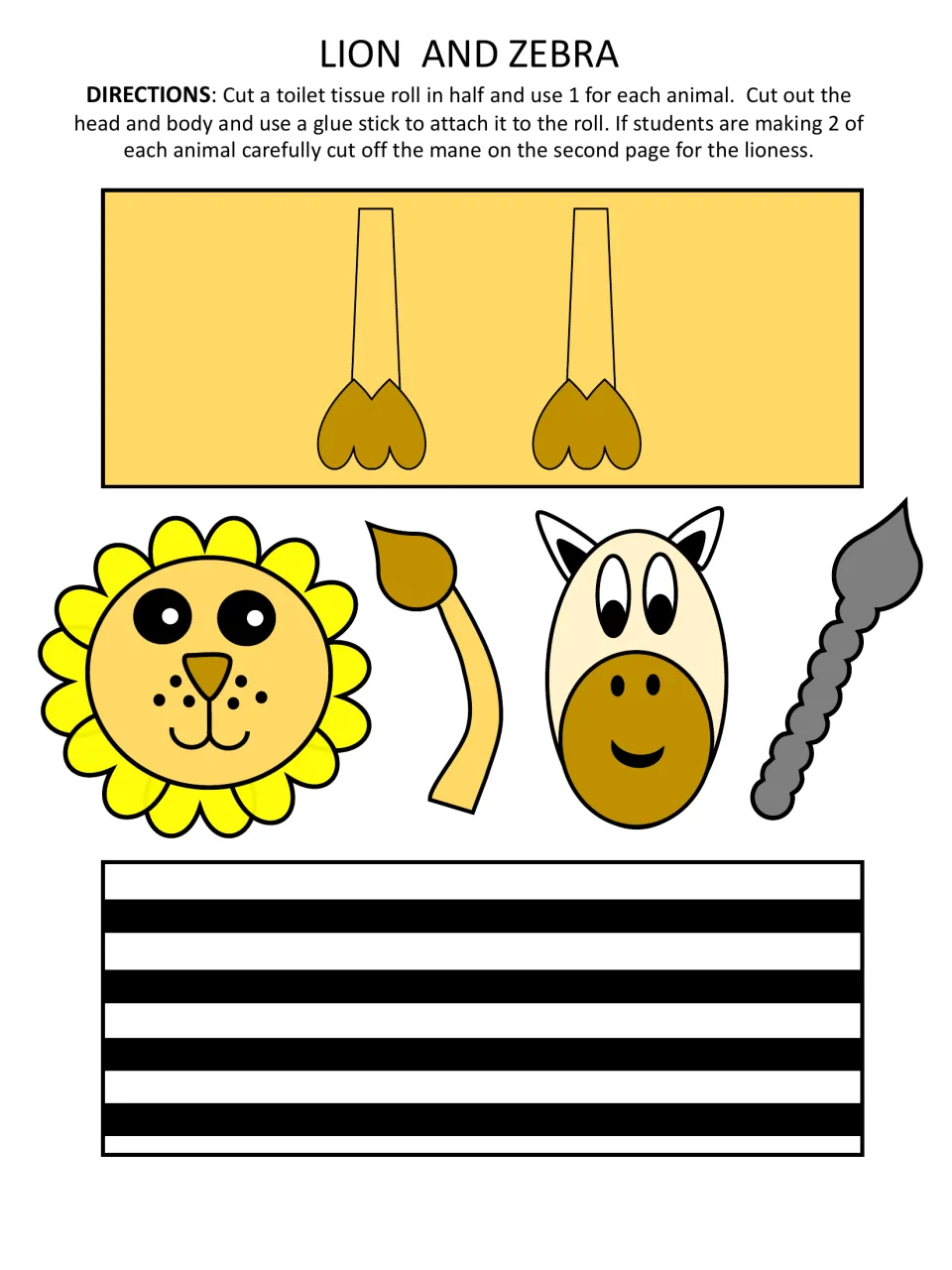 Colored lion and zebra pieces: yellow lion head, mane and body, black-and-white striped zebra body, tails to cut out