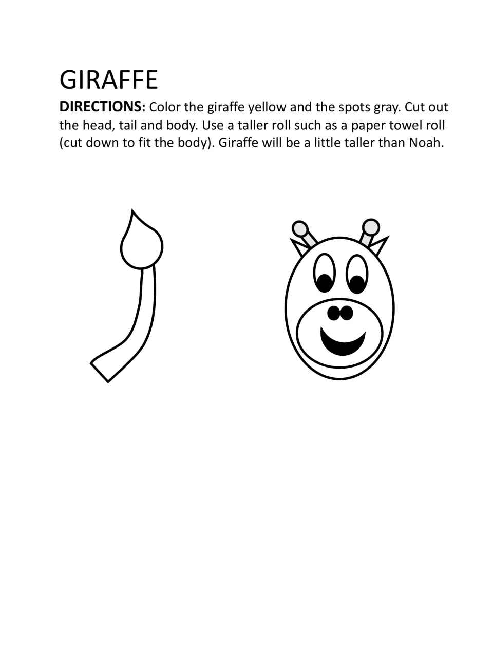Giraffe head and tail cut-out pieces to color yellow with gray spots; directions call for a taller paper towel roll