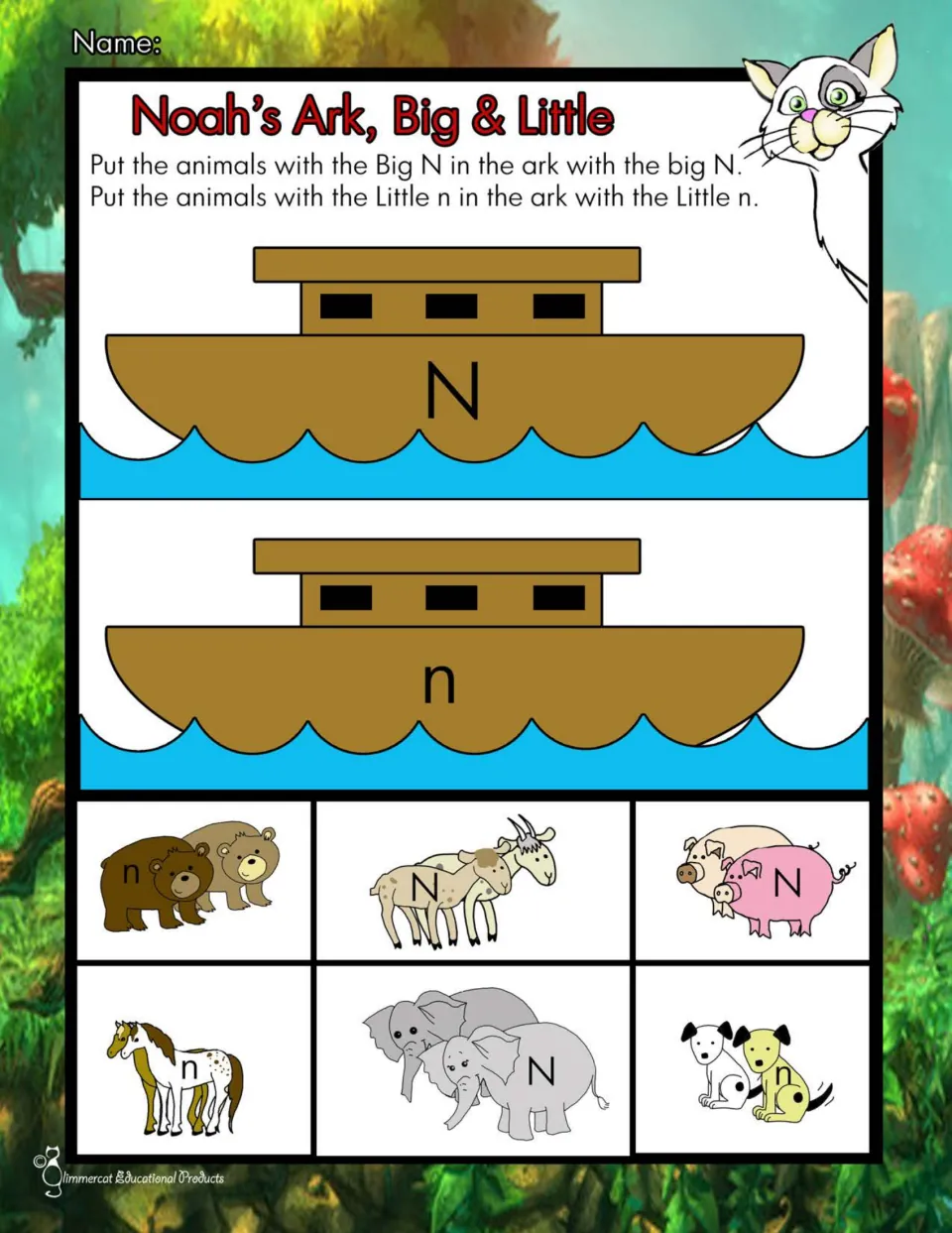 Color letter sorting activity: match six animal pairs labeled N or n to the ark with the same letter