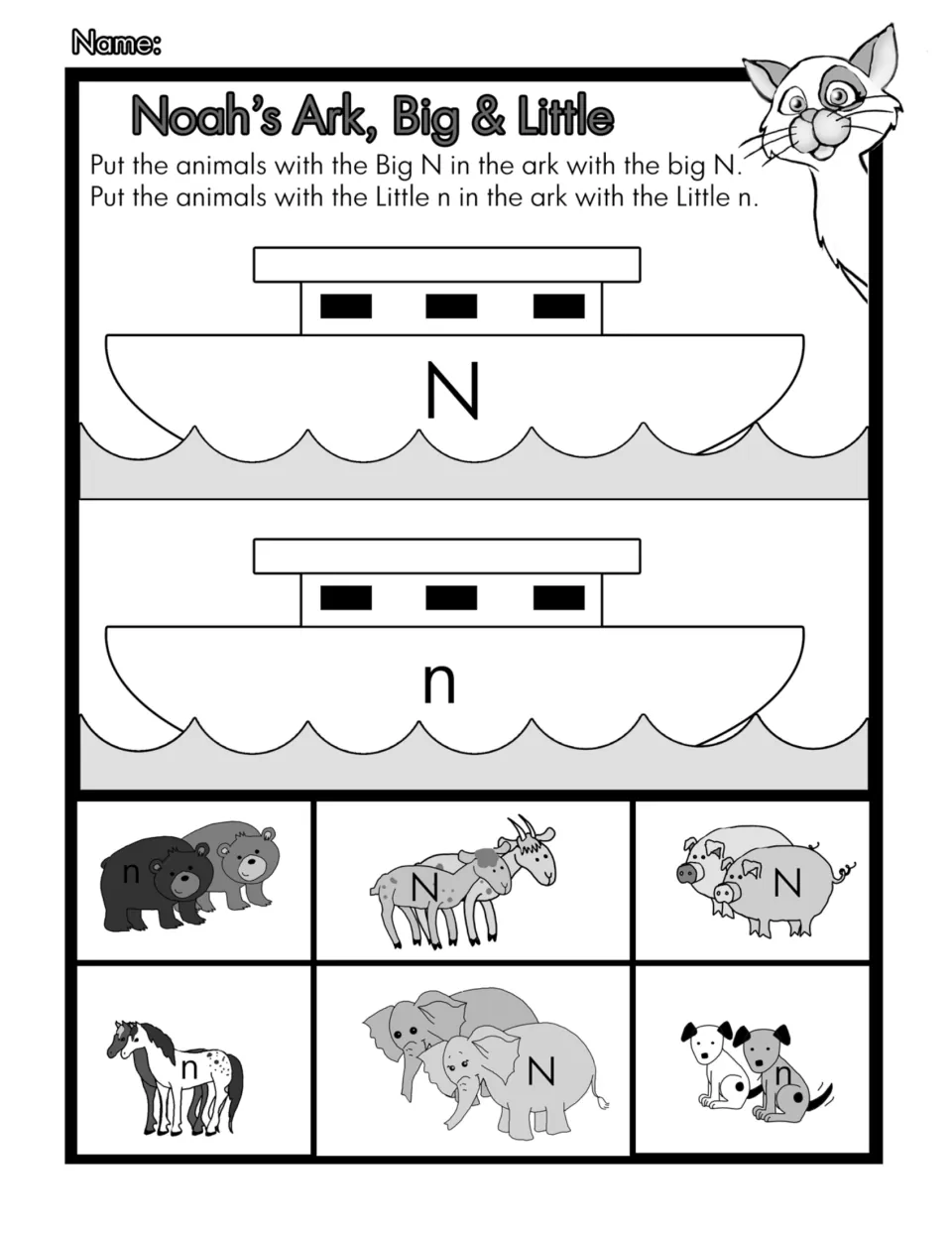 Black-and-white letter sorting activity: place six animal pairs marked N or n in the matching letter ark