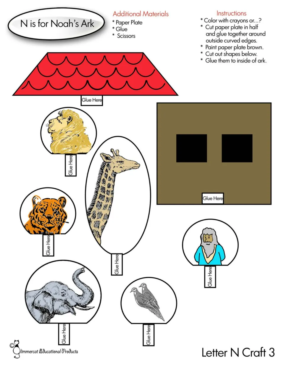 Color paper plate ark craft template with roof, cabin, Noah, animal cutouts, and assembly instructions