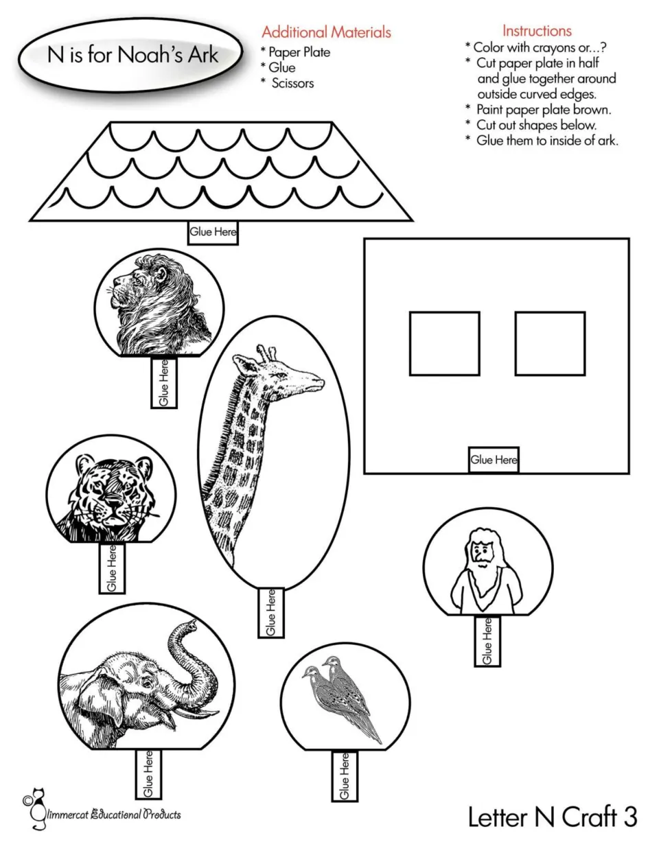 Black-and-white paper plate ark craft template with Noah, lion, tiger, giraffe, elephant, and bird cutouts