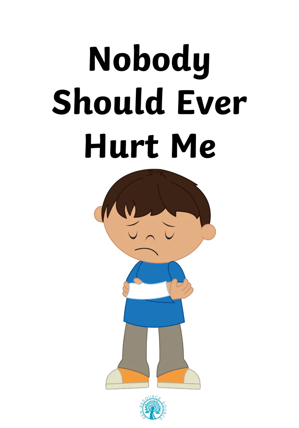Cover of the social story Nobody Should Ever Hurt Me, showing a sad boy with a bandaged arm, his arms folded