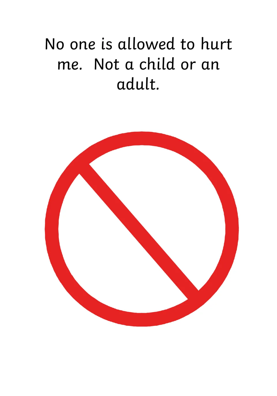 Personal safety rule: no one is allowed to hurt me, not a child or an adult, shown beside a large red no symbol