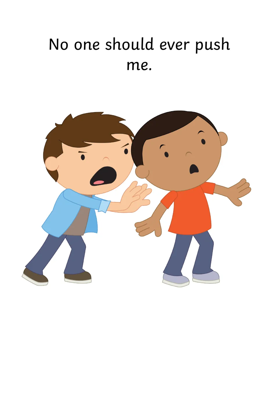 Rule against pushing: no one should ever push me, illustrated by a shouting boy shoving a startled boy from behind