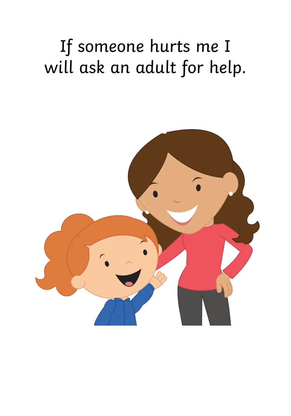 Getting help: if someone hurts me I will ask an adult for help, showing a smiling girl with a woman's arm around her