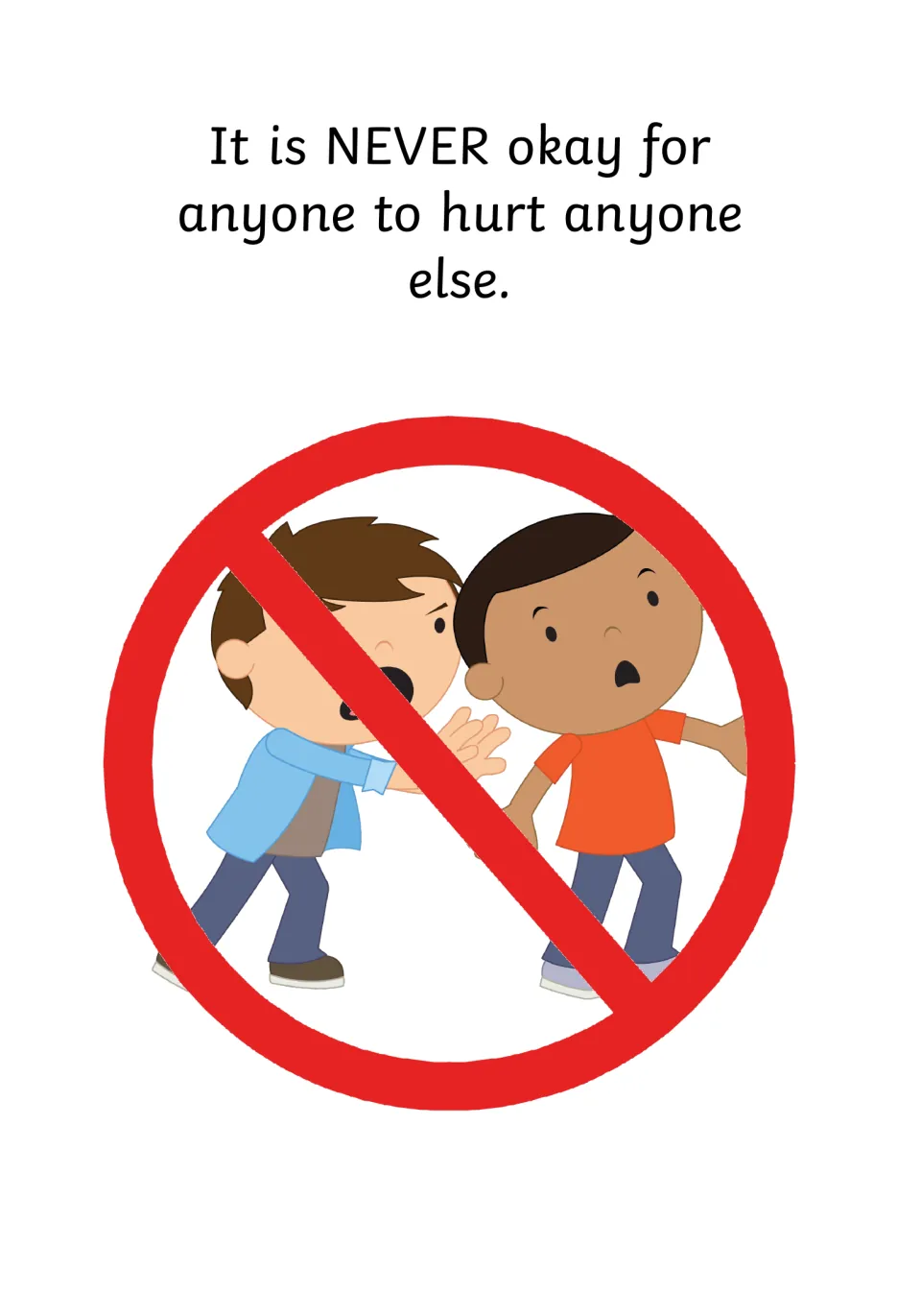 Closing message: it is NEVER okay for anyone to hurt anyone else, with the pushing scene crossed out by a red no sign