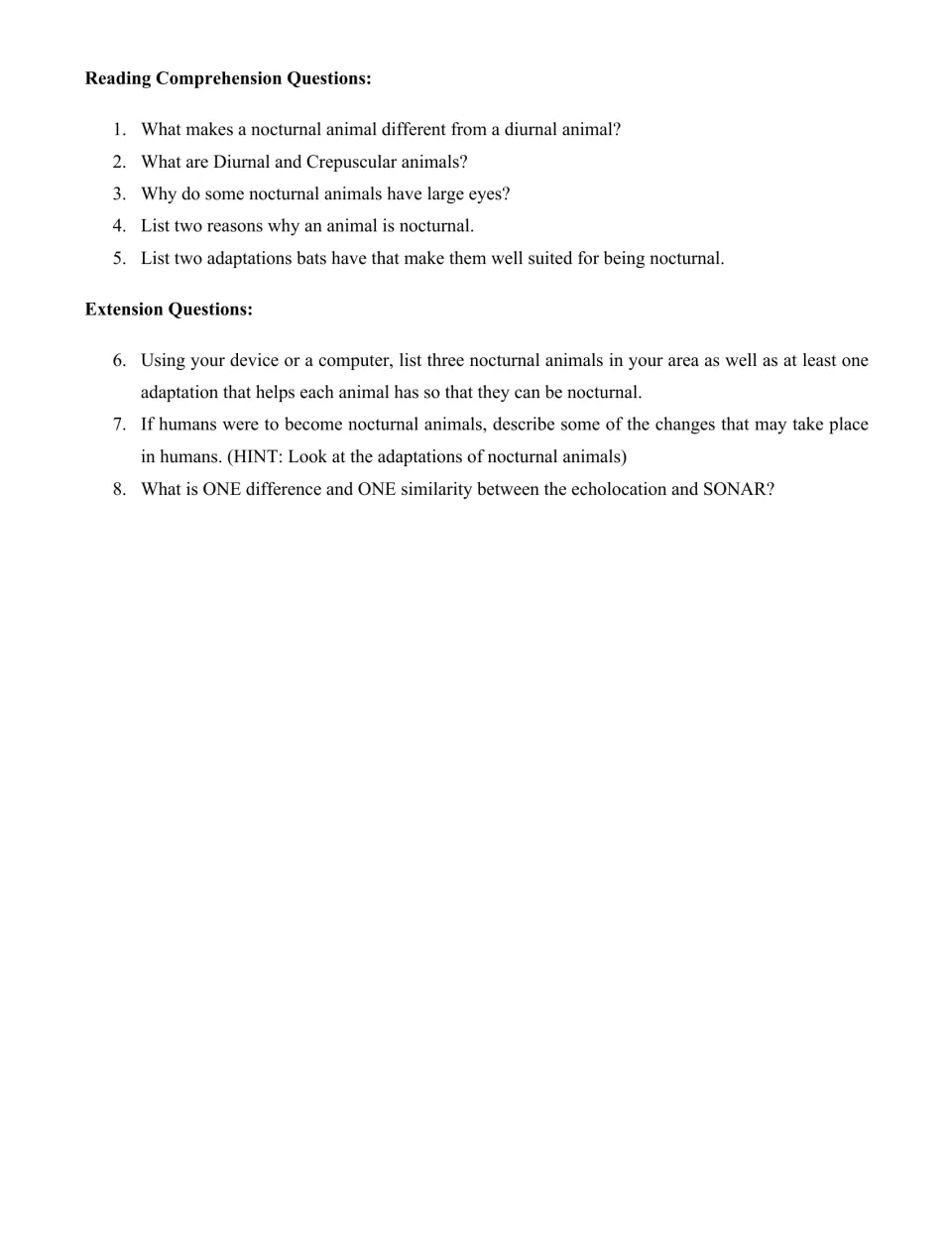 Reading comprehension: five questions on sleep patterns and bat adaptations, then three extension questions including SONAR