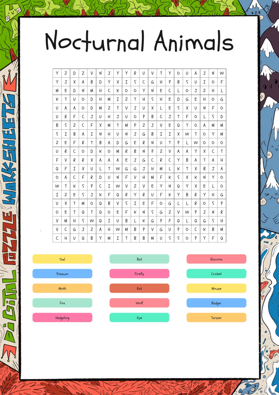 Nocturnal animals word search: students find 15 night animals such as owl, bat, raccoon, firefly and tarsier