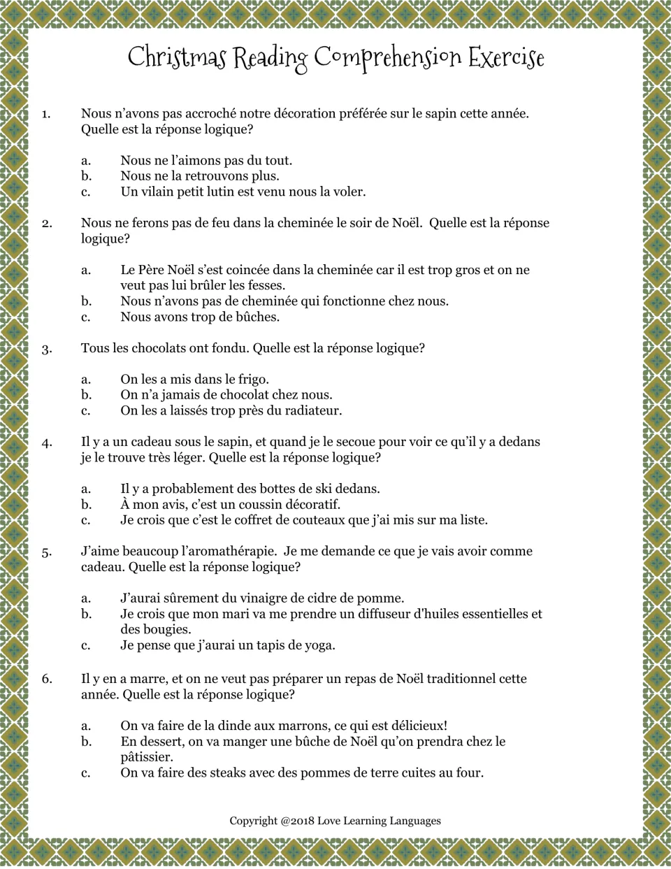 French Christmas quiz questions 1–6 cover a missing ornament, fireplace use, melted chocolate, and gifts.