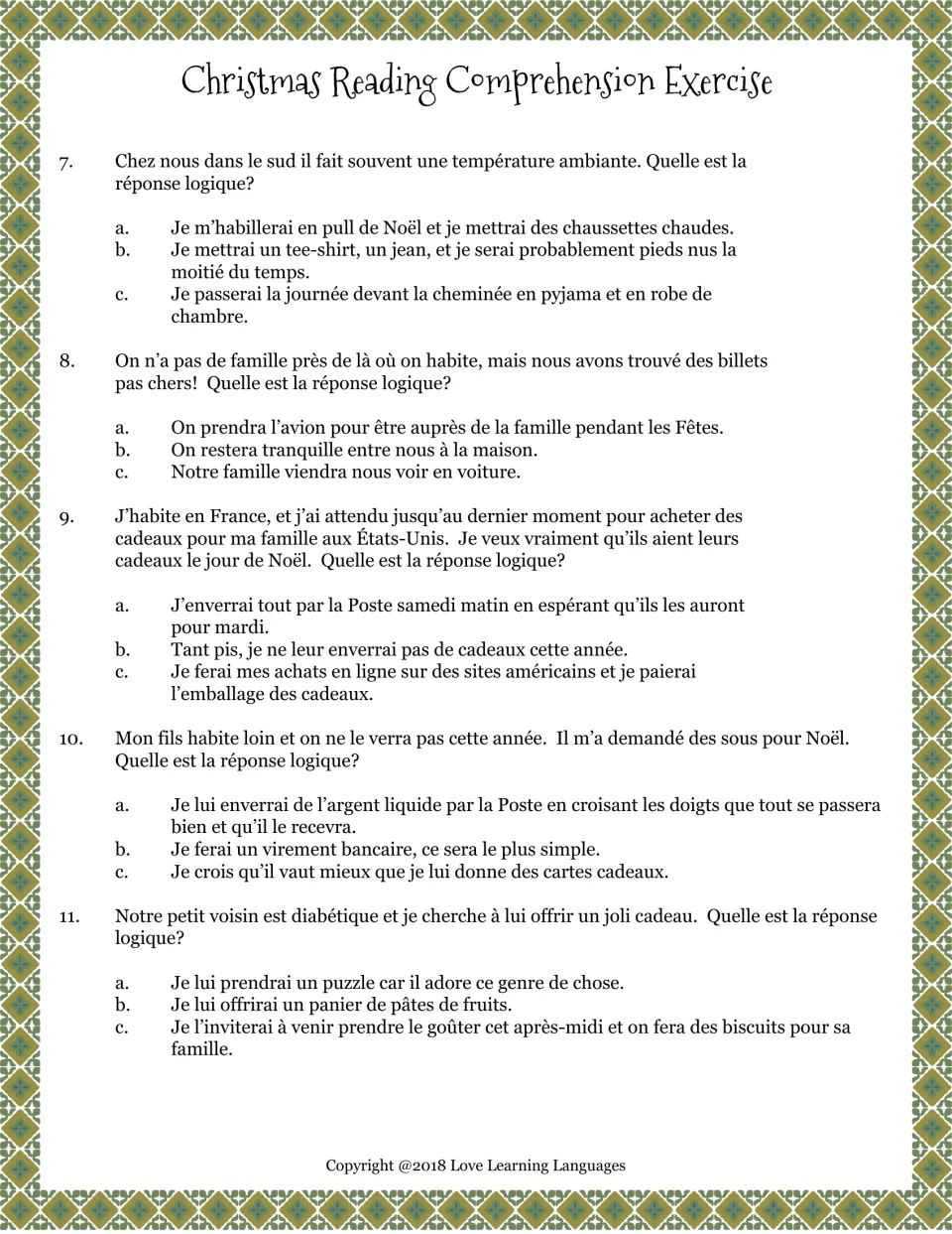 French Christmas quiz questions 7–11 cover warm weather, family travel, shipping gifts, and sending money.