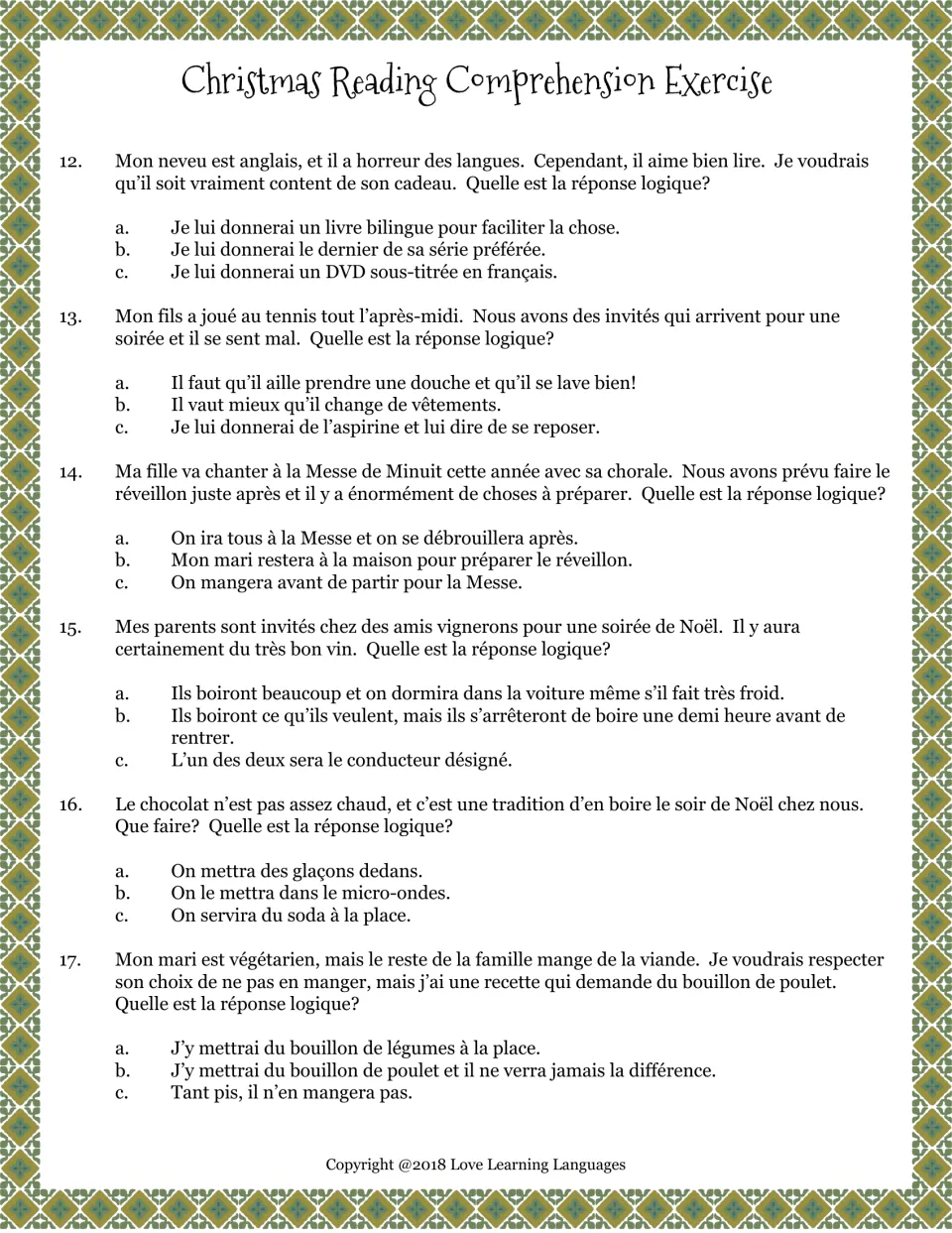 French Christmas quiz questions 12–17 cover books, tennis, midnight Mass, driving, and holiday food choices.