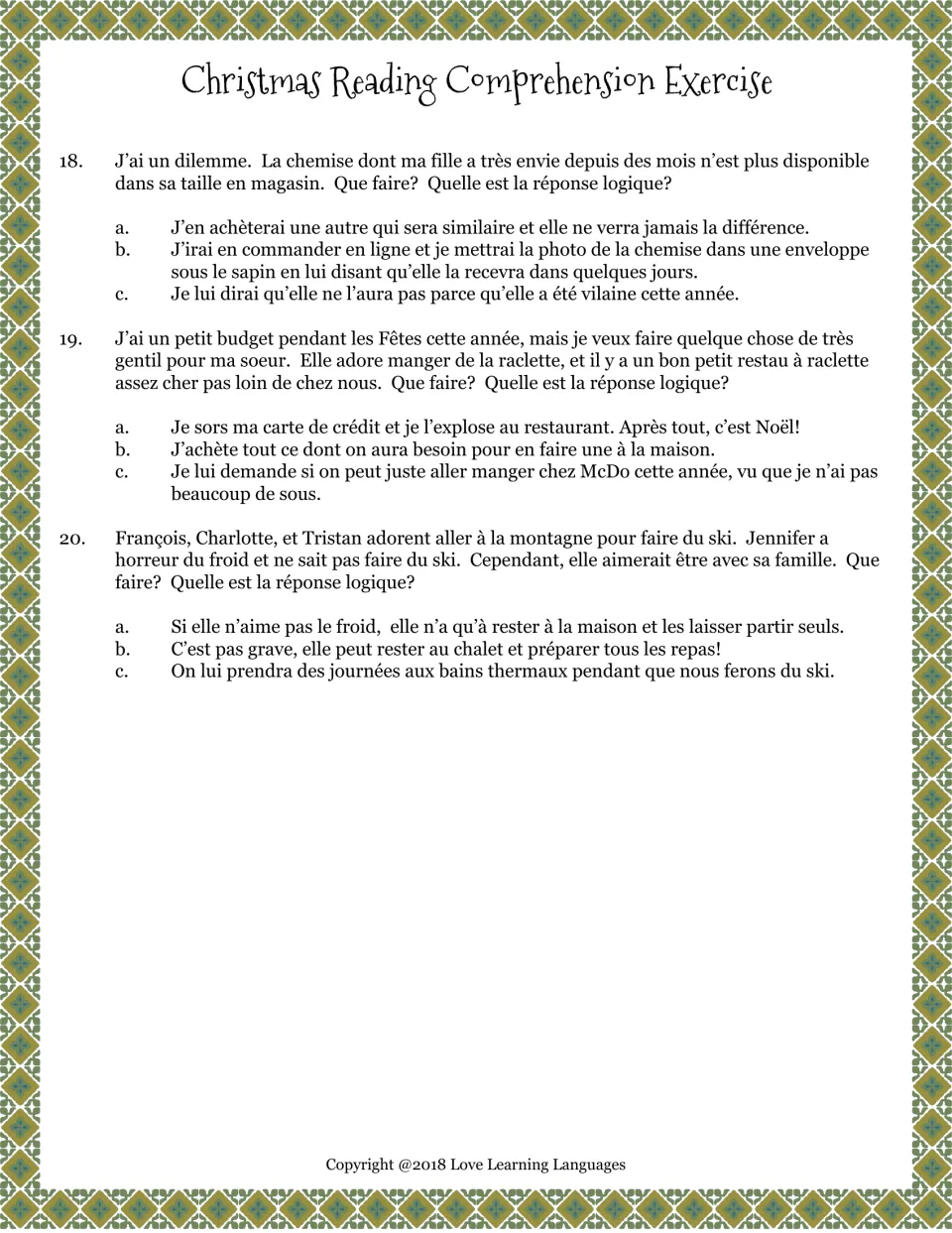 French Christmas quiz questions 18–20 cover an unavailable shirt, a raclette dinner budget, and a ski trip.