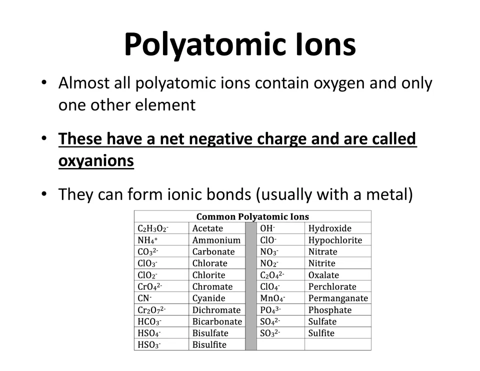 Polyatomic ions notes: most contain oxygen plus one element and are called oxyanions, with a common polyatomic ions table