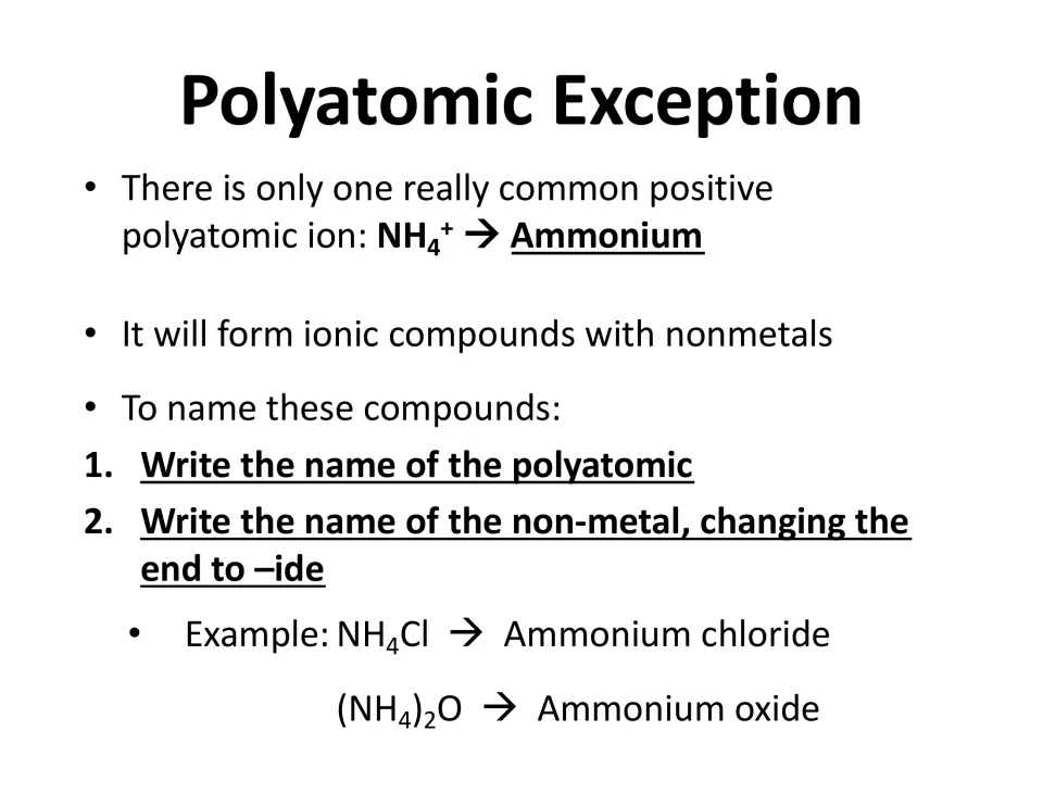 Polyatomic exception: ammonium (NH4+) naming steps with -ide endings, shown with ammonium chloride and ammonium oxide