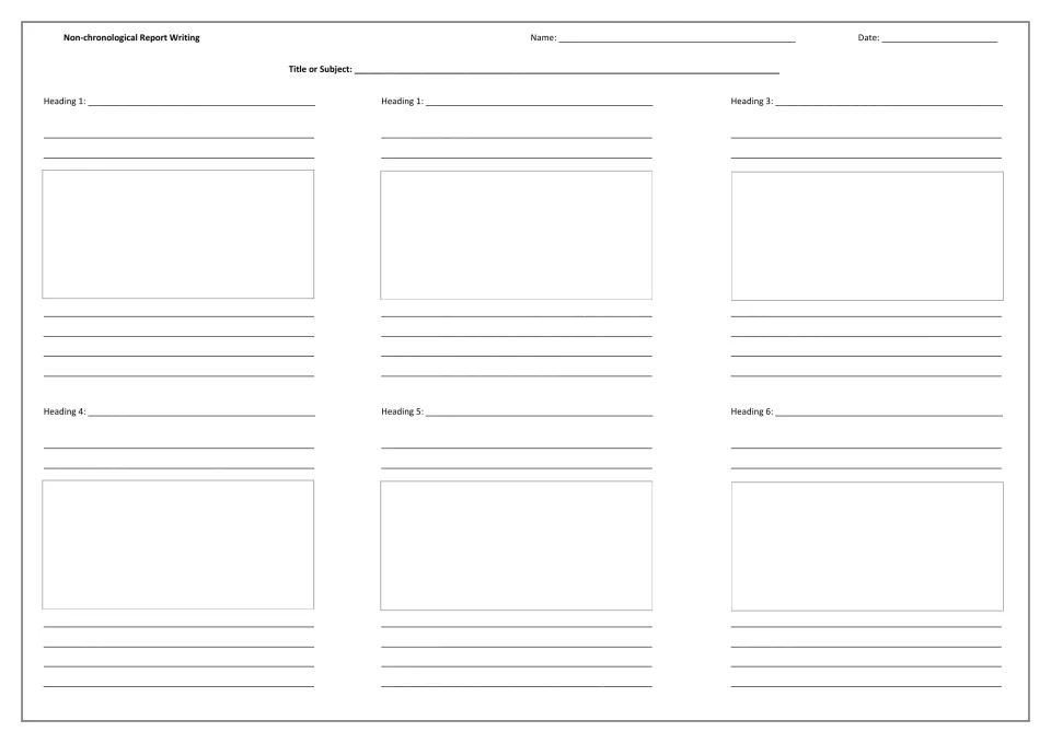 Non-chronological report planner: students add a title, then write and illustrate six sections under their own headings